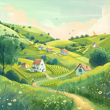 Beautiful landscape with green meadows and village. Vector illustration.の素材