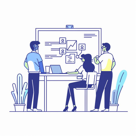 Business people working together in office. Teamwork, brainstorming, meeting concept. Vector illustration in thin line styleの素材