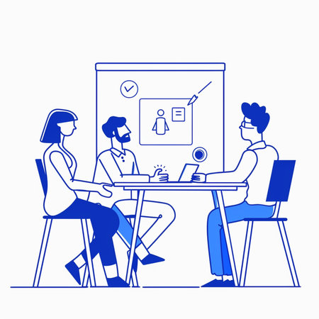 People Meeting in Office. Male and Female Characters Sitting at Table and Talking. Teamwork, Teamwork Concept. Linear People Vector Illustrationの素材