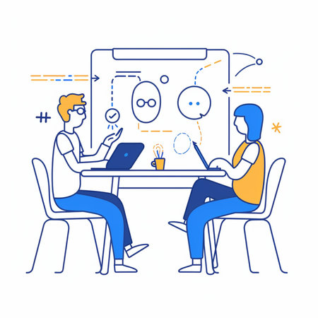 People sit at table and use laptop. Vector illustration in line style.の素材