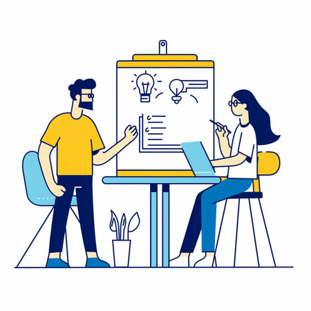 Businessman and businesswoman working on project planning. Teamwork, brainstorming concept. Vector illustration in flat styleの素材