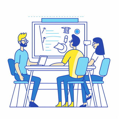 Vector illustration of a group of people sitting at the table and working on a laptop. Teamwork concept.の素材
