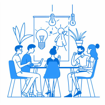 Business meeting and brainstorming. People sitting at table and working together in office. Teamwork and brainstorming concept. Vector illustration.の素材