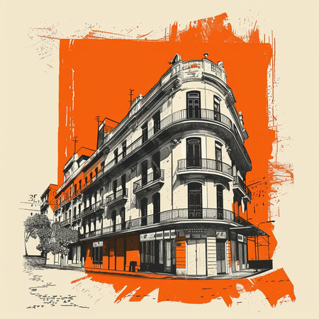 Hand drawn vector illustration of a building on the street in Paris, France.の素材