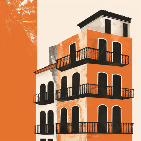 Old building on the background of the orange wall. Vector illustration.の素材