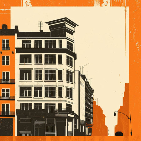 Retro city background with old buildings. Vector illustration in vintage style.の素材