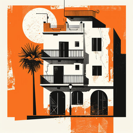 Old house on an orange background with palm trees. Vector illustration.の素材