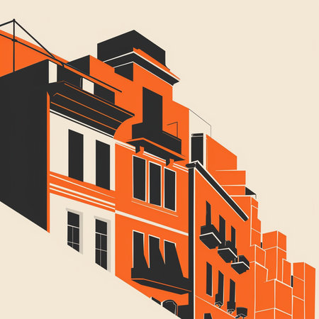 Vector illustration of an urban landscape with buildings in orange and black colorsの素材
