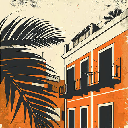 Vintage urban background with palm leaves and buildings. Vector illustration.の素材