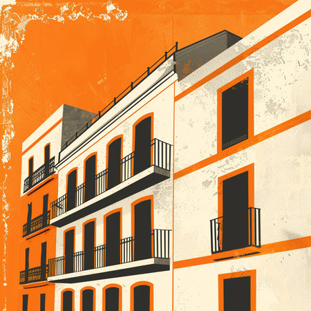 Old town with balconies on orange grunge background, vector illustrationの素材