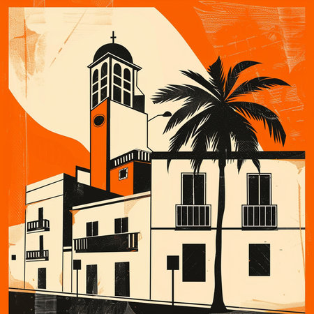 Cityscape with old buildings and palm tree on orange grunge backgroundの素材