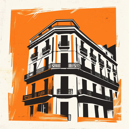 Vector illustration of a house with balconies on the orange background.の素材