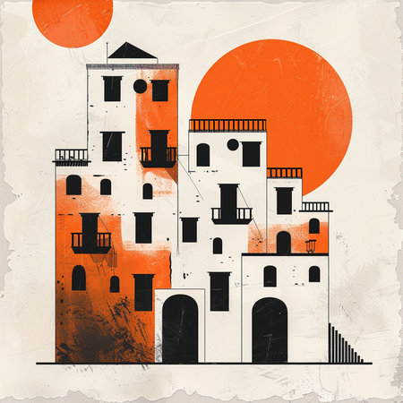 Castle on the background of the sun. Grunge illustrationの素材