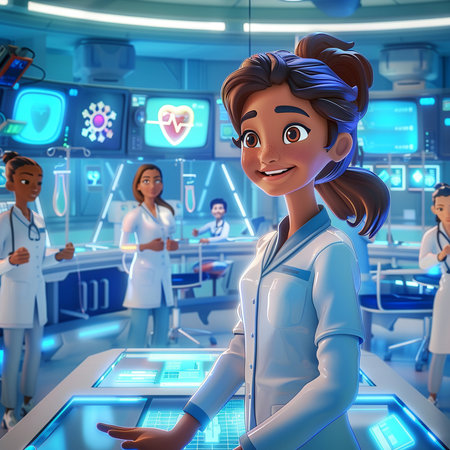 Young female doctor in front of medical team. 3D rendering.の素材