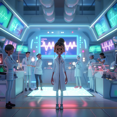 3D rendering of a female doctor in a futuristic medical room.の素材