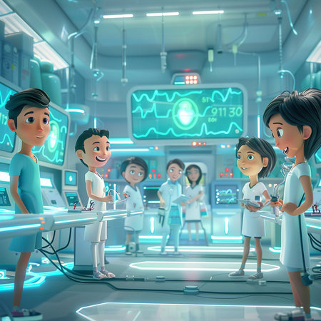 3D rendering of children in a medical center with neon lights.の素材