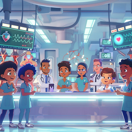 Vector cartoon illustration of doctors and nurses in the operating room of a hospital.の素材