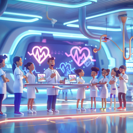 Group of doctors and nurses in a modern hospital. 3d renderingの素材