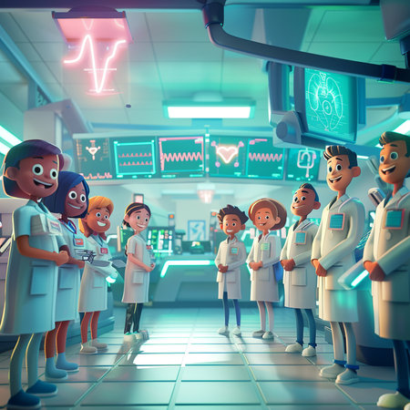 3d render of doctors and nurses in a hospital corridor. Health care concept.の素材