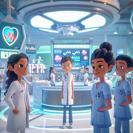 3D rendering of a medical team in a hospital with a doctor and nurseの素材