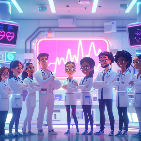 Group of doctors standing in a modern hospital. 3d rendering.の素材