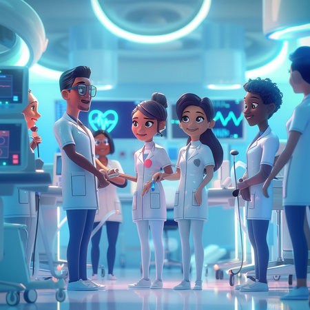 3d rendering of a group of doctors and nurses in a modern hospitalの素材
