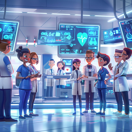 Group of doctors and nurses in a modern hospital. 3d renderingの素材