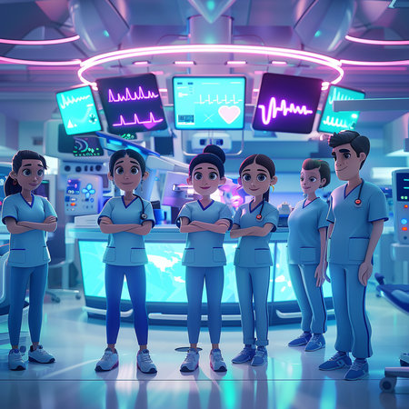 3D rendering of a medical team in a modern hospital room with neon lightsの素材