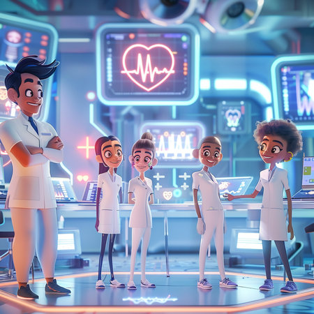 3d rendering of a group of doctors and nurses standing in a hospitalの素材