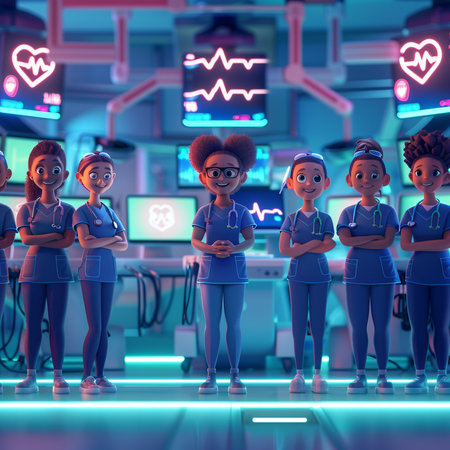 3d rendering of an african american female doctor with her teamの素材