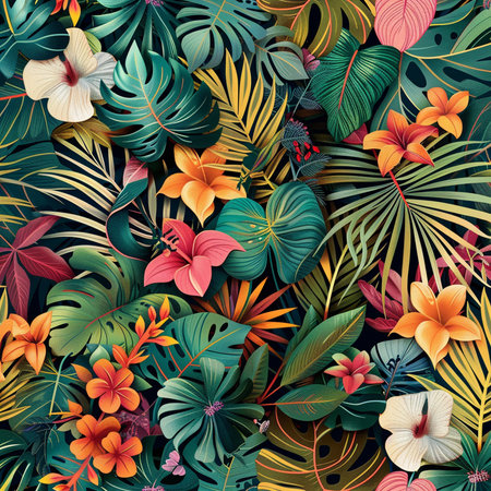 Seamless pattern with tropical leaves and hibiscus flowersの素材