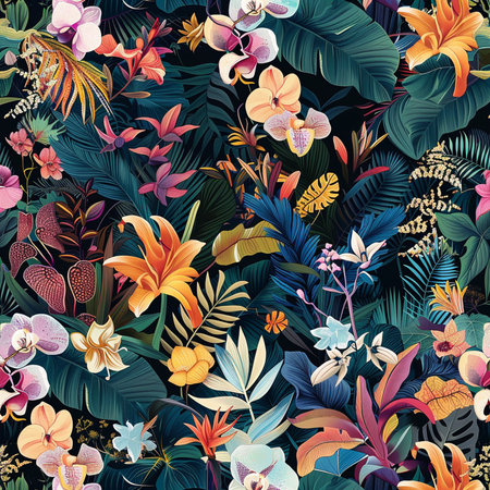 Seamless pattern with tropical plants and flowers. Vector illustration.の素材