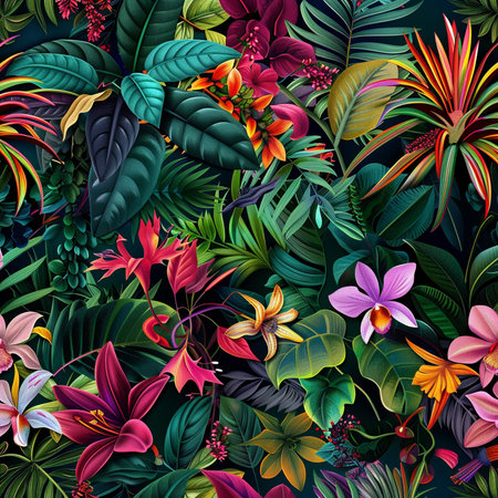Seamless pattern with tropical leaves and flowers. Vector illustration.の素材