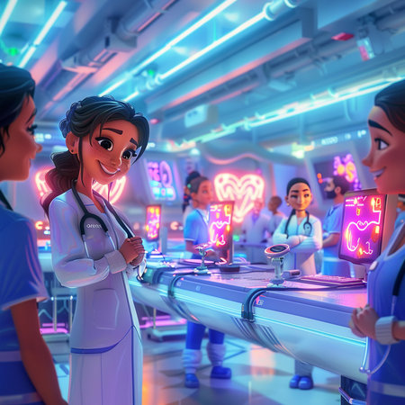 3D rendering of a medical team in a futuristic room with neon lightsの素材