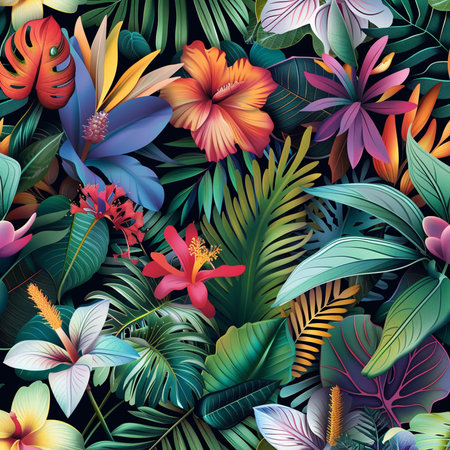 Seamless pattern with tropical leaves and hibiscus flowers.の素材