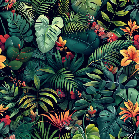 Seamless pattern with tropical leaves and flowers. Vector illustration.の素材