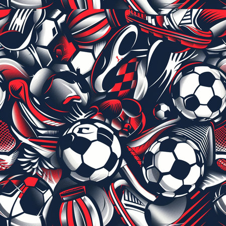 Seamless pattern with soccer balls and other sports equipment. Vector illustrationの素材