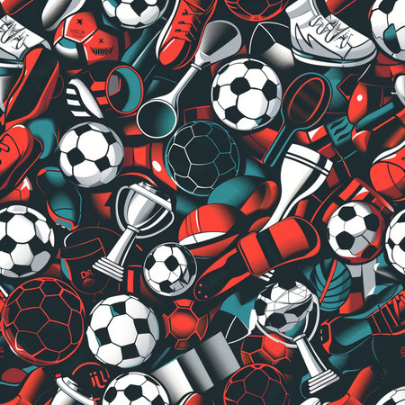 Seamless pattern with soccer balls and sports equipment. Vector illustrationの素材
