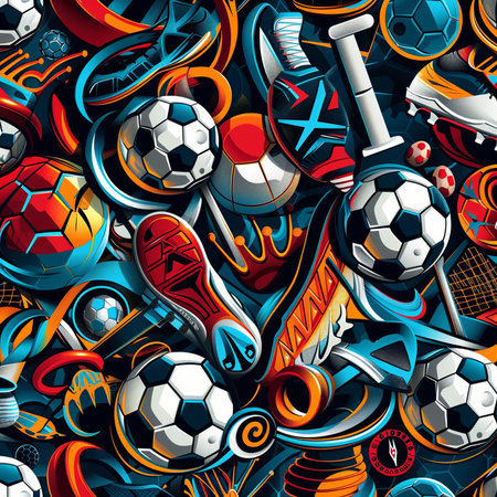 Soccer seamless pattern with balls, shoes, gloves and other sports equipment.の素材