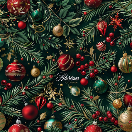 Christmas and New Year seamless pattern with baubles and fir branches.の素材