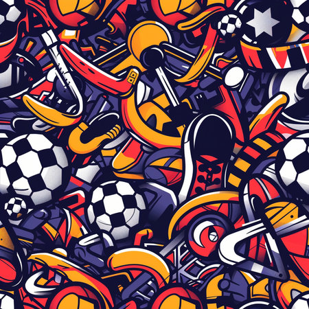 Cartoon doodles hand drawn Soccer seamless pattern. Sports background.の素材