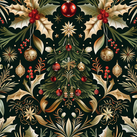 Seamless pattern with christmas tree, holly berry and snowflakes on dark backgroundの素材