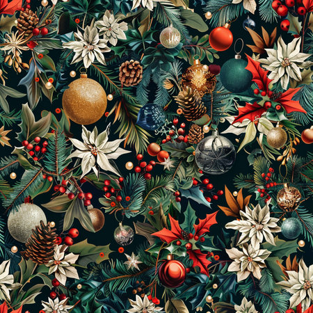 Seamless Christmas pattern with fir branches, poinsettia, pine cones, mistletoe, holly berry.の素材