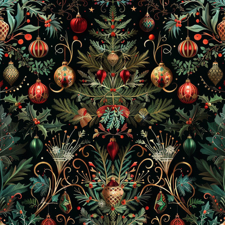 Seamless pattern with Christmas tree branches, berries and balls.の素材