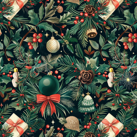 Christmas seamless pattern with fir branches, holly berries, pine cones, pine cones, gift boxes, bells, bells.の素材