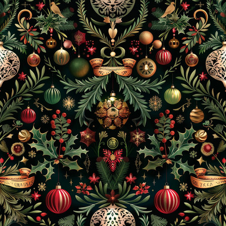 Seamless pattern with Christmas balls and holly berries. Vector illustration.の素材
