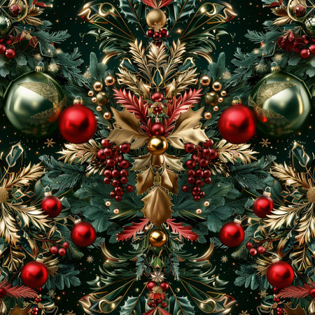 Seamless Christmas pattern with gold, silver and red baubles on dark green background.の素材