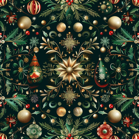 Seamless pattern with Christmas baubles and fir branches.の素材