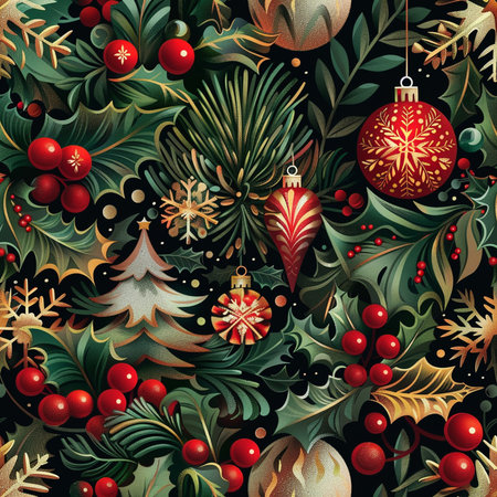 Seamless pattern with Christmas tree, balls and berries. Vector illustration.の素材