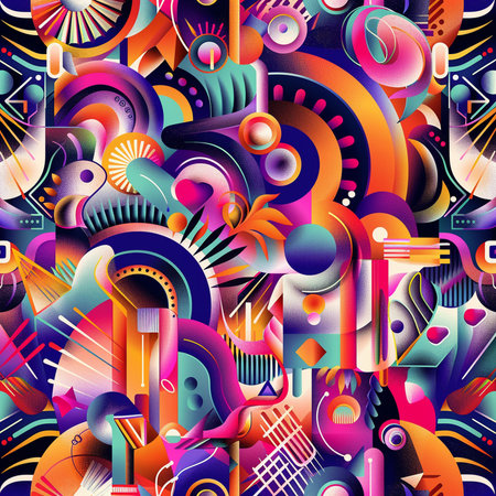 Seamless pattern with colorful musical instruments on a dark background.の素材